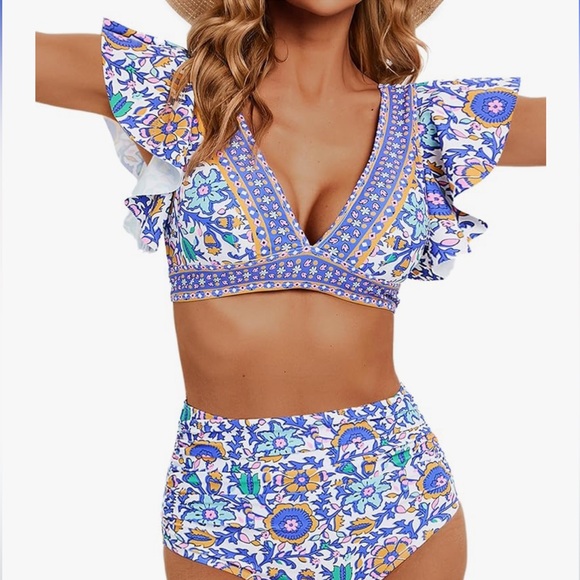 Soucrat Women Ruffle High Waisted Swimsuit Two Piece Tropical Print Swimsuit - Picture 1 of 1